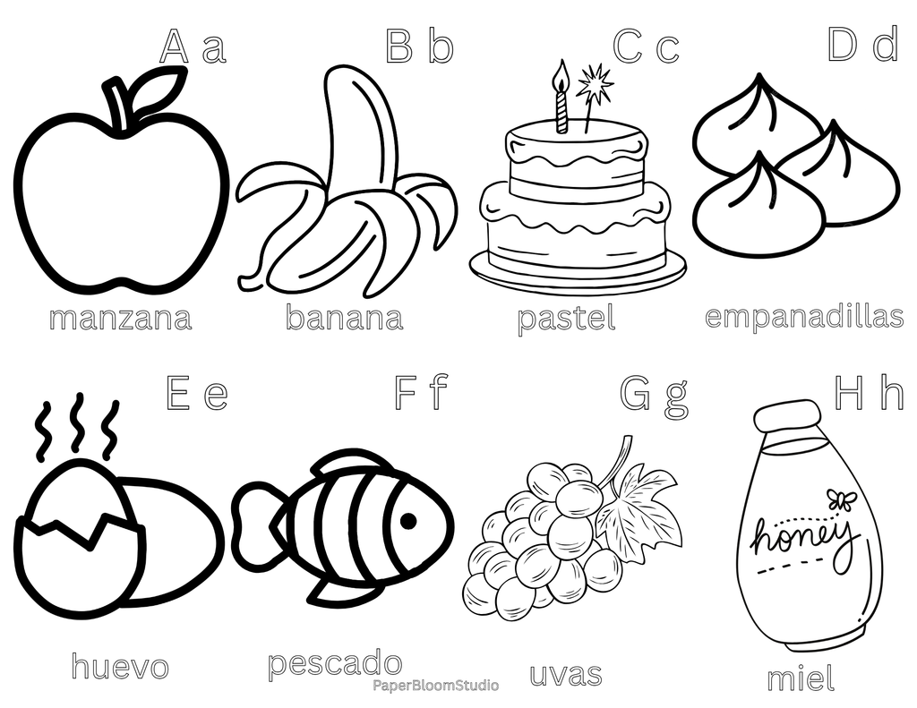 Kids Spanish Foods Coloring Flash Cards