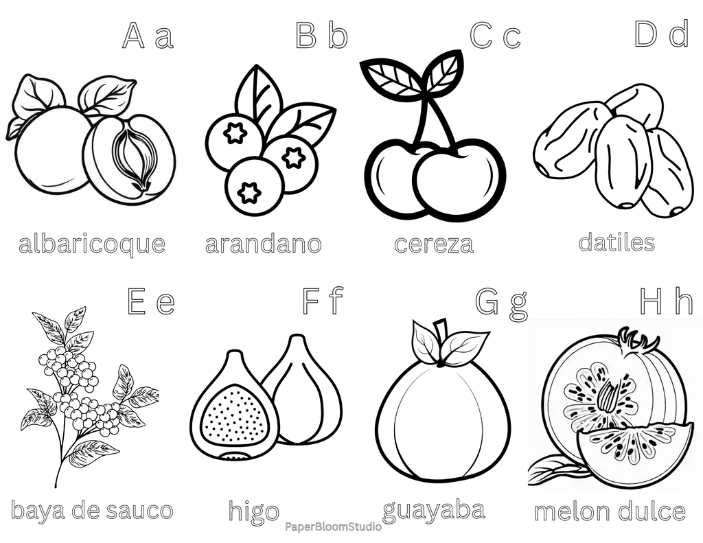 Kids Spanish Fruit Coloring Flash Cards