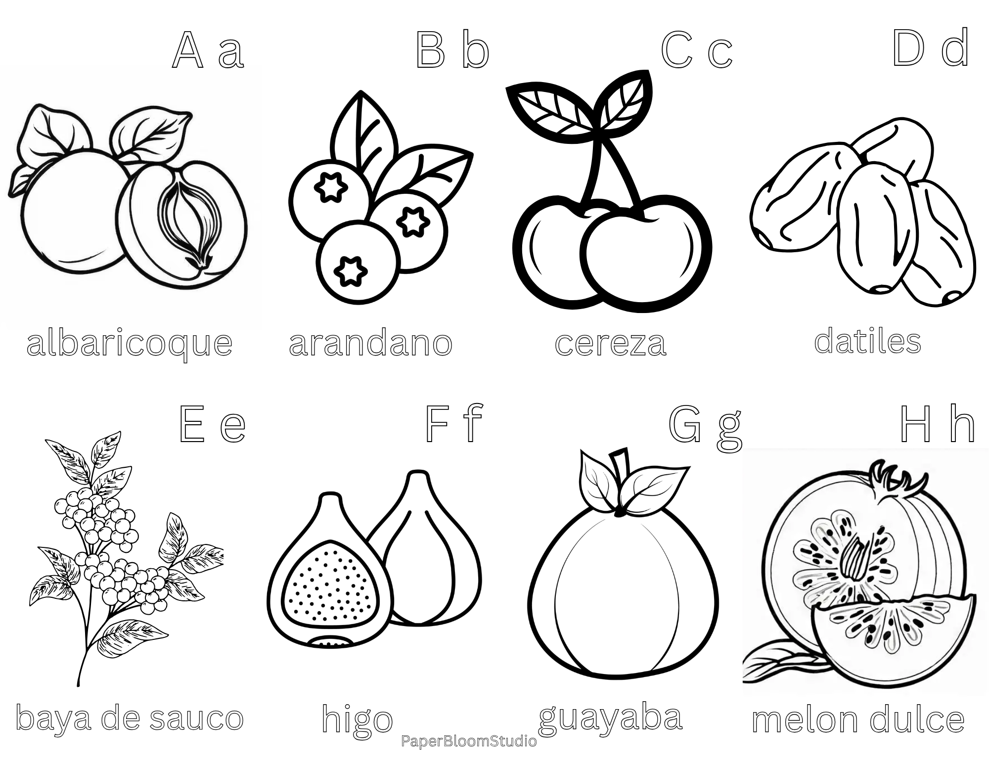 Kids Spanish Fruit Coloring Flash Cards