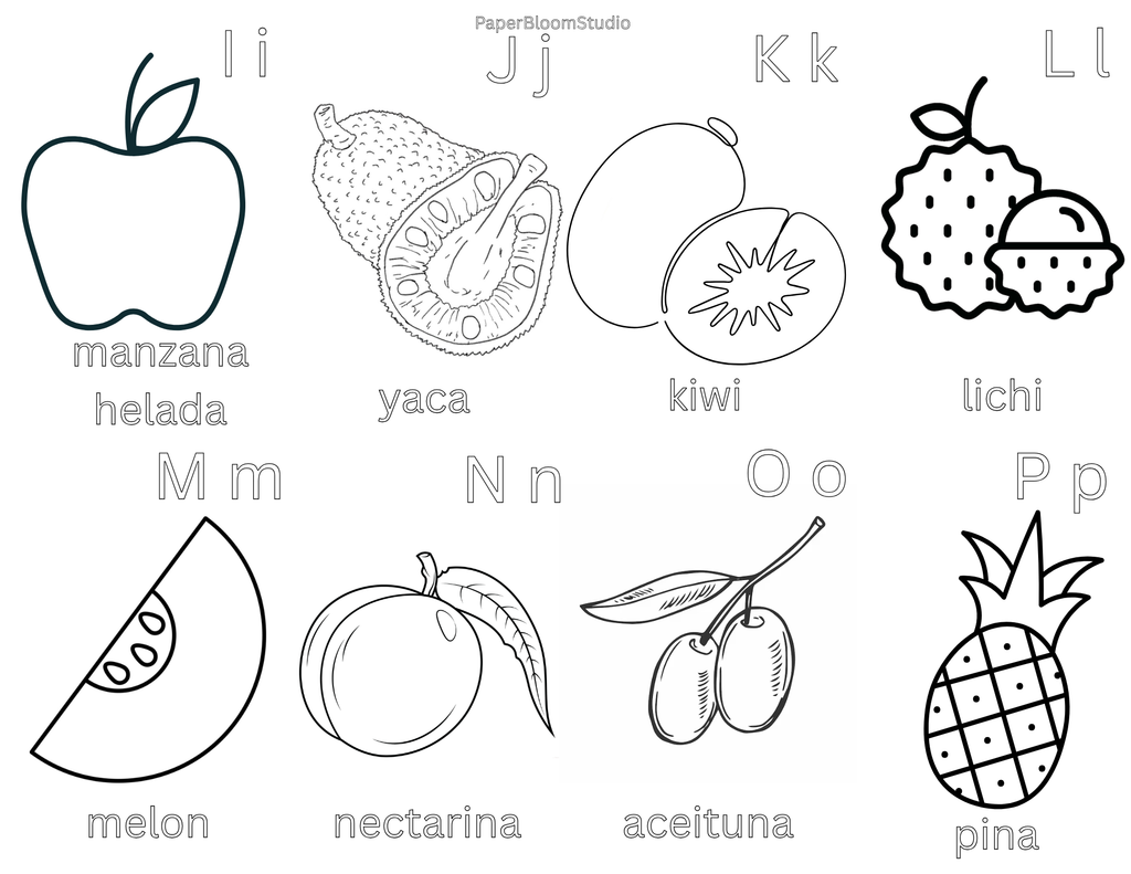 Kids Spanish Fruit Coloring Flash Cards
