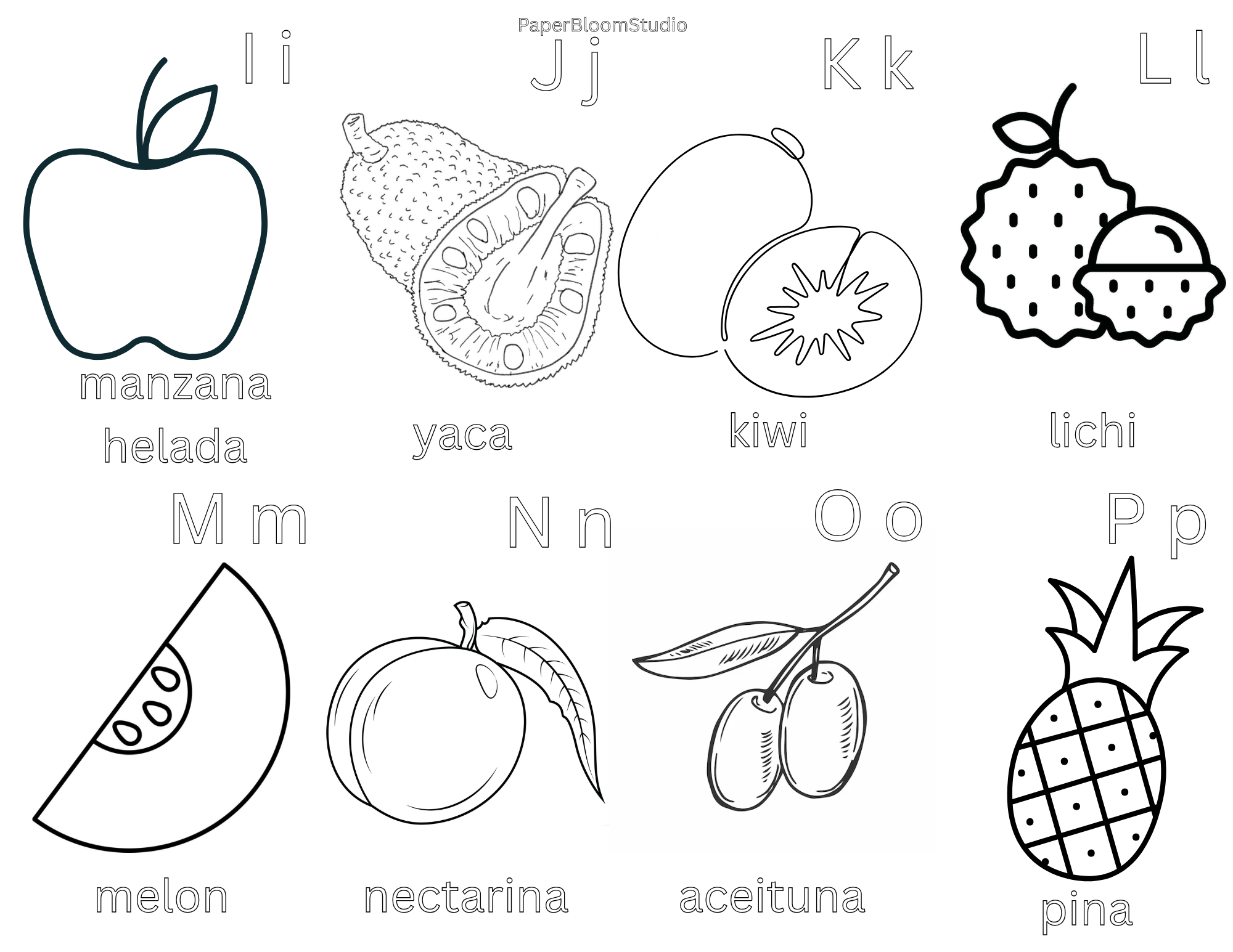 Kids Spanish Fruit Coloring Flash Cards