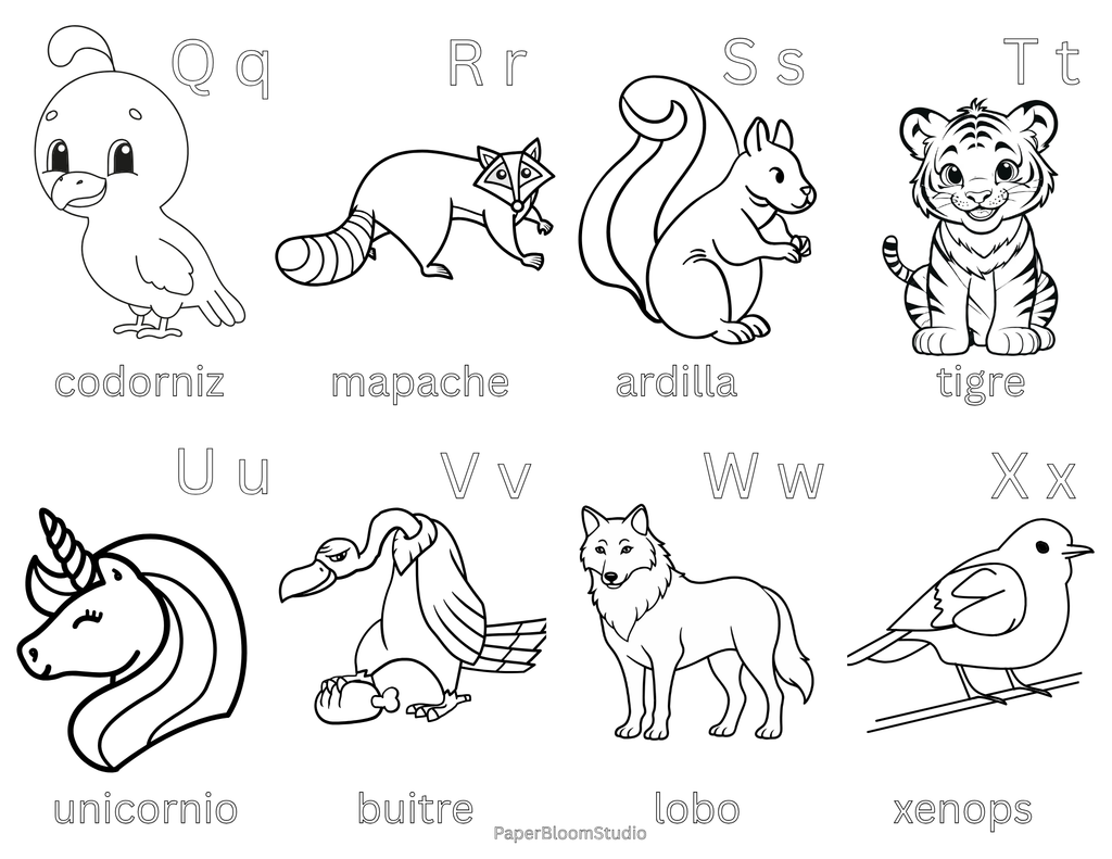 Spanish Animal Coloring Flash Cards
