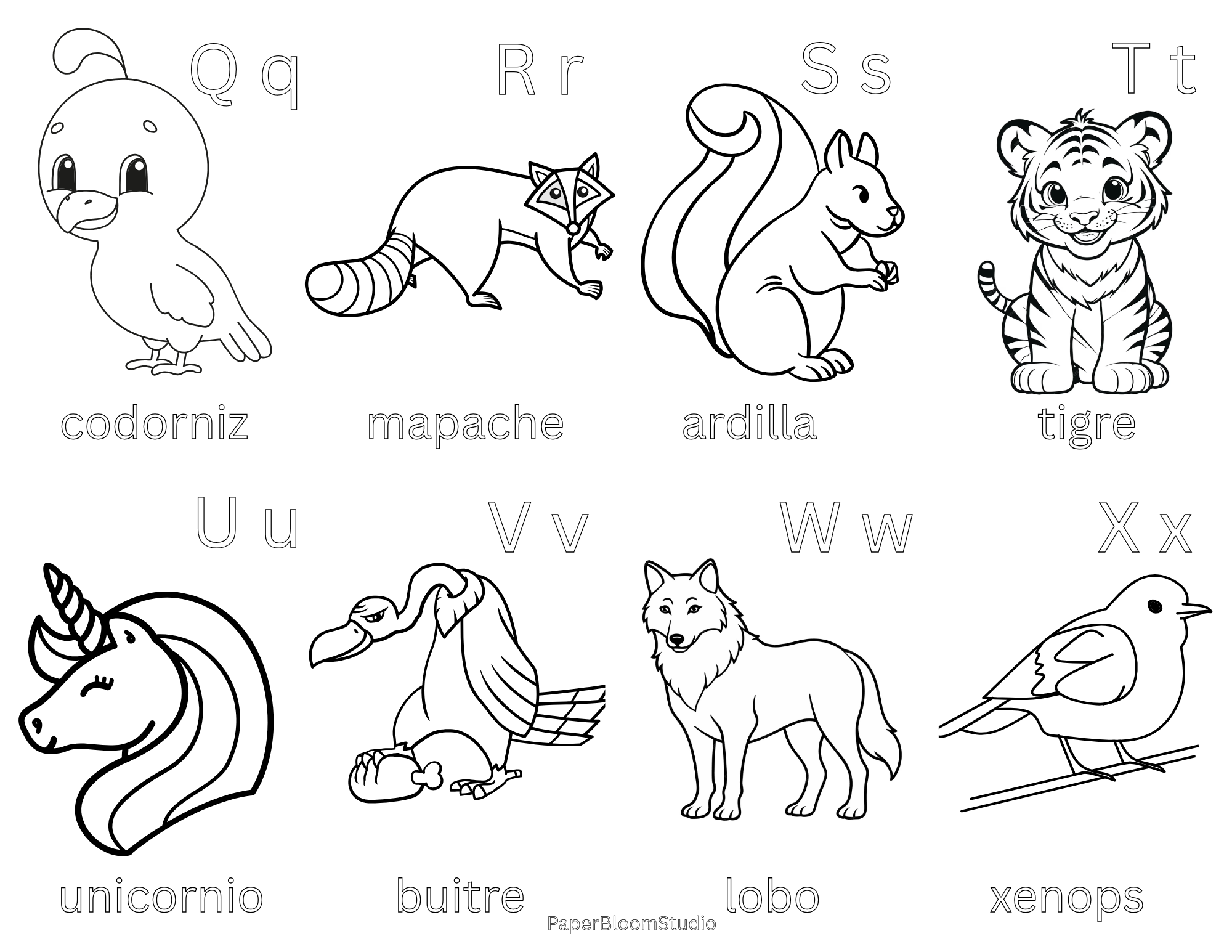 Spanish Animal Coloring Flash Cards