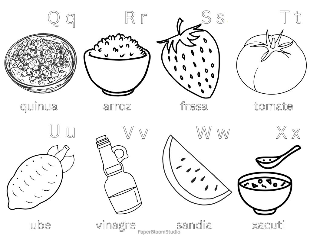 Kids Spanish Foods Coloring Flash Cards