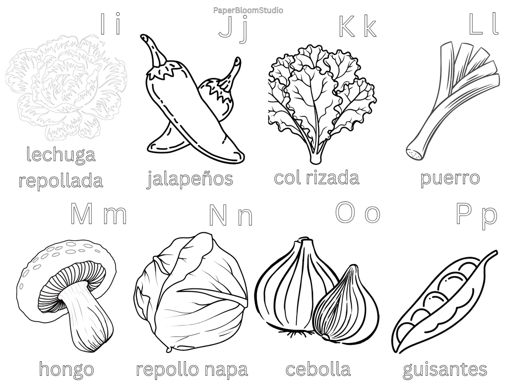 Kids Spanish Vegetable Coloring Flash Cards