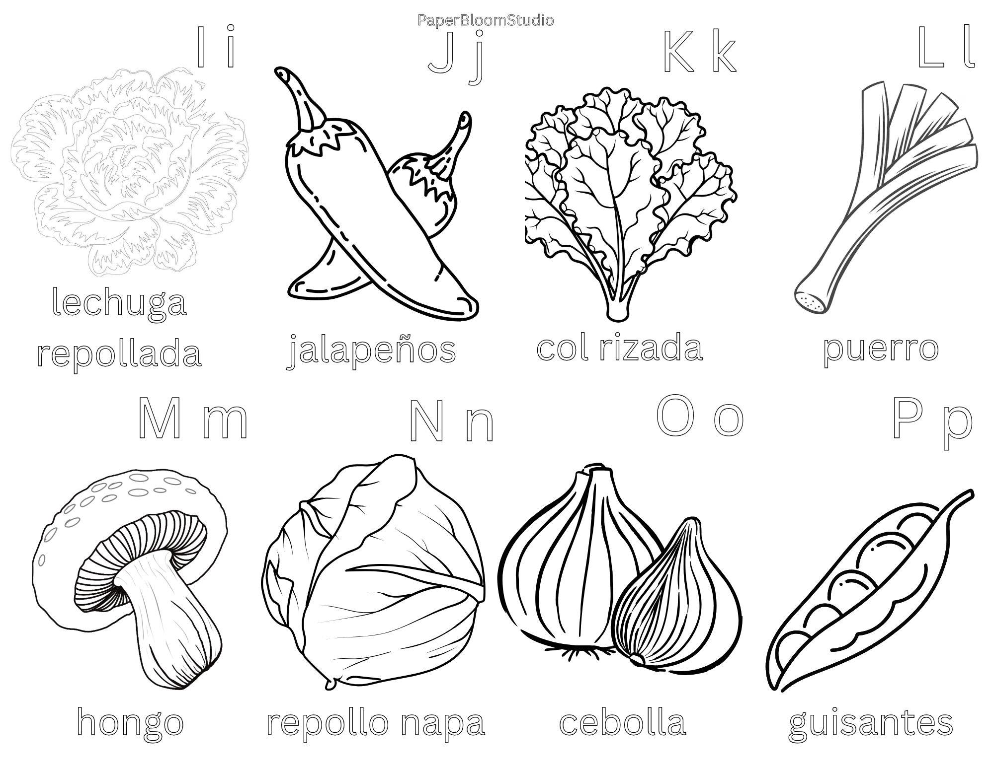 Kids Spanish Vegetable Coloring Flash Cards