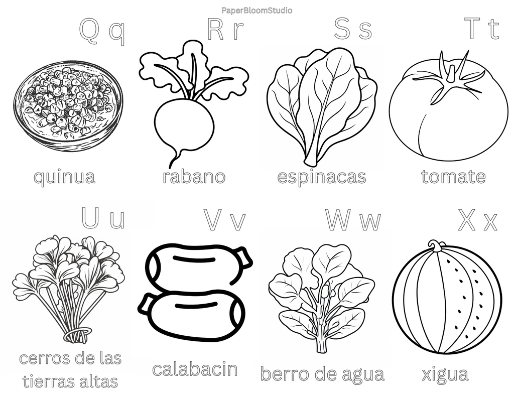 Kids Spanish Vegetable Coloring Flash Cards