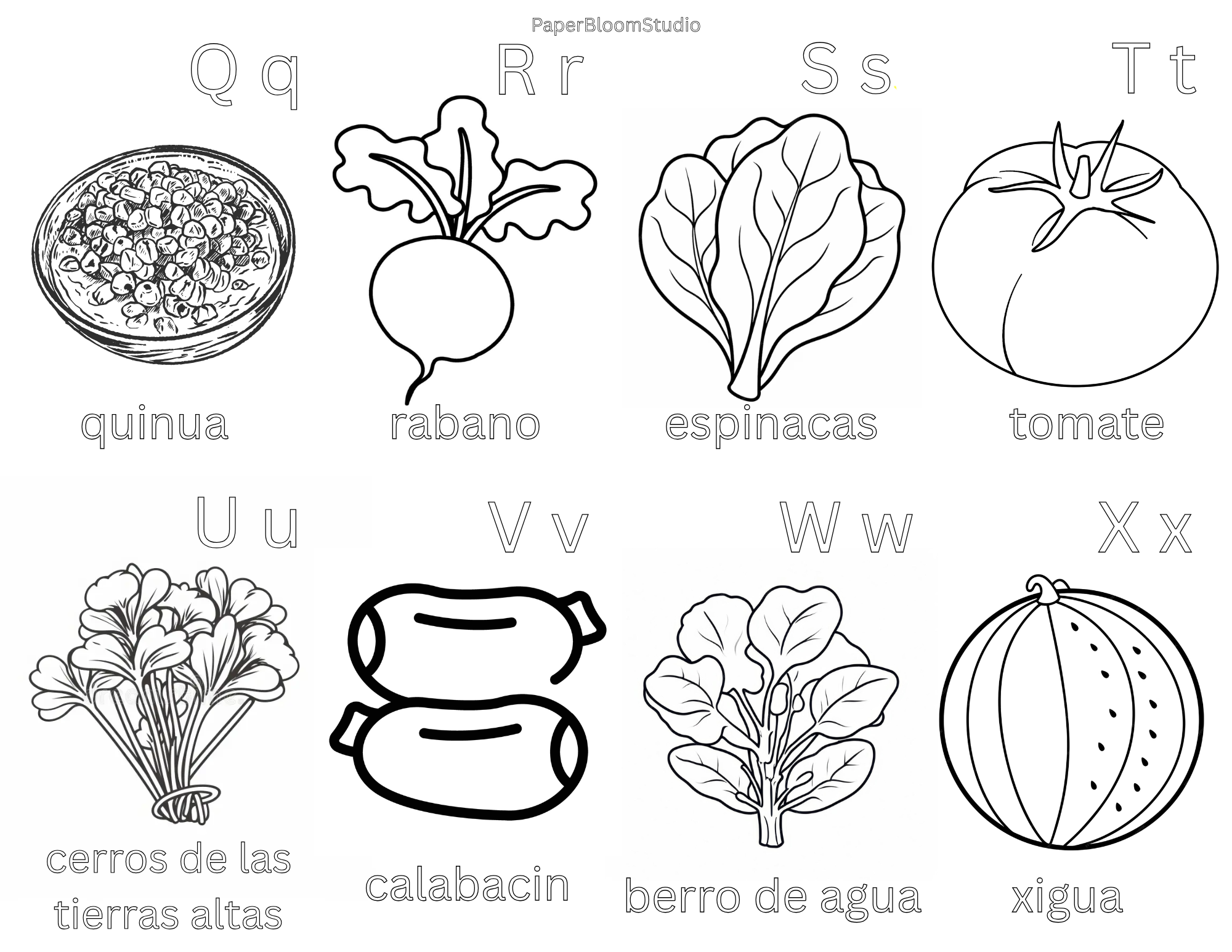 Kids Spanish Vegetable Coloring Flash Cards